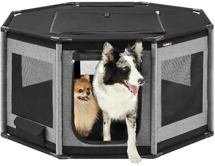 Feandrea Welpenauslauf Oxford-Gewebe, Welpenlaufstall achteckig, Hundekäfig L, 112 x 112 x 62 cm, Rahmen aus PVC-Rohren, atmungsaktives Netz, mit Seitentasche, schiefergrau-tintenschwarz PDC003B01