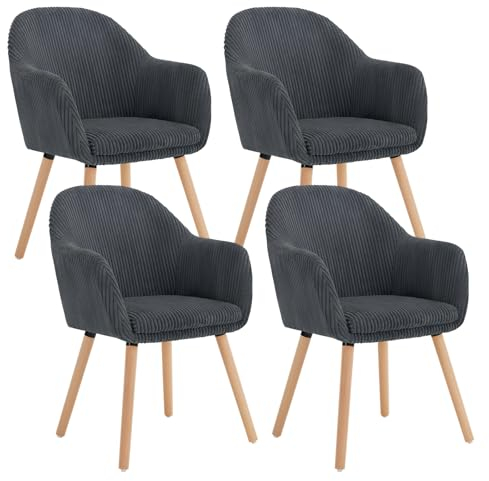 WOLTU Esszimmerstühle 4er Set, Stuhl Esszimmer Esstisch, Küchenstuhl Armlehnstuhl Polsterstuhl, Sessel Wohnzimmer Modern, mit Armlehnen, aus Cord, Massivholzbeine, Dunkelgrau, EZS26dgr-4