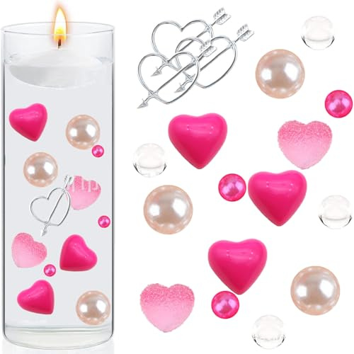 URROMA Valentine's Day Heart Vase Filler Pearl, Pink White Floating Pearls Vases Pearls Water Gels Beads Floating Candles Centerpiece for Valentine's Day Party Decor