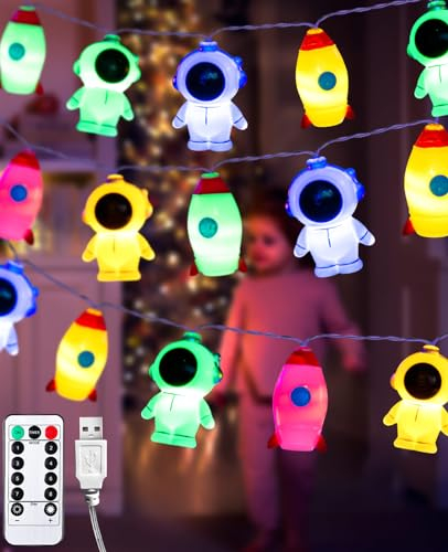 AceList Guirlande lumineuse pour chambre d'enfant, 3 m, 20 LED, avec batterie et minuterie USB, multicolore, 8 modes, guirlande lumineuse astronaute, nuages, arc-en-ciel, pour chambre d'enfant, fête