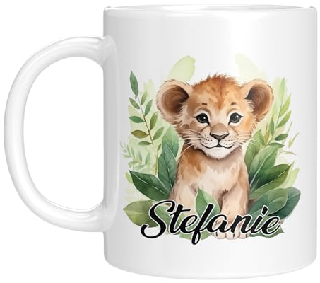 TassenTicker - Personalisierte Kindertasse mit Namen - mit Tieren - für Jungen & Mädchen - Tasse - Geschenk - Geburtstagsgeschenk - Namensgeschenke - Keramik - 330 ML (Löwe)