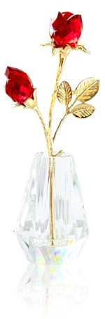 Statuetta di tulipani di cristallo, da collezione, piccola rosa in vetro, rosa rossa con steli, fiori di vetro in vaso di cristallo, decorazione per la casa per feste di nozze