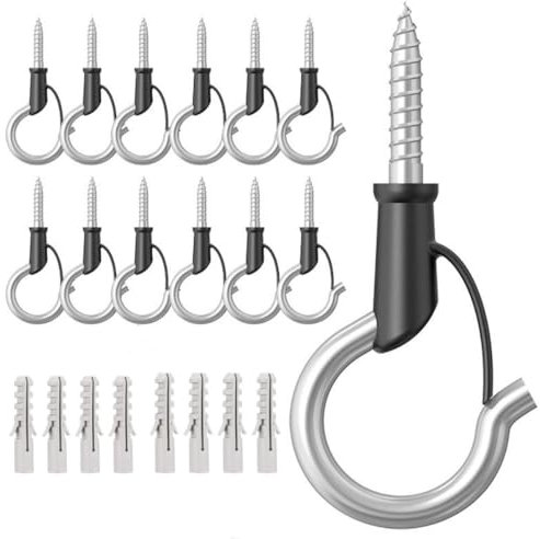 Heuskay 10 ganchos Q-Hanger de rosca, para luces de Navidad, plantas colgantes de jardín al aire libre, utensilios de cocina con hebilla de seguridad y anclaje de expansión, color plateado