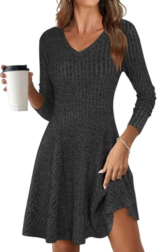 ROFUSSO Abito a Maniche Lunghe in Maglia da Donna Abito Autunnale in Maglia con Scollo a V Elegante Abito Midi in Maglia Abito Casual al Ginocchio con Linea ad A Abito Invernale
