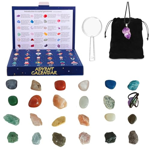 Crystal Advent Calendar 2025, 24 Day Christmas Countdown Calendar with Natural Gemstones, Healing Crystals, Minerals & Fossils | Chakra Stones Collection, Educational Gift for Children, Teens & Adults