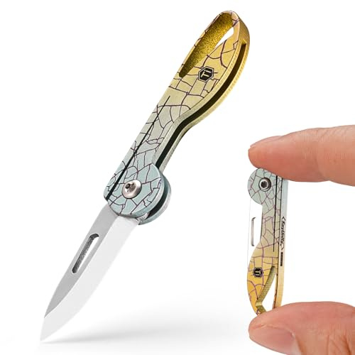 KeyUnity KK05 Fällkniv i titan, liten mini-EDC-kniv med integrerat nyckelhål, lätt nyckelringskniv, för camping, vandring och friluftsliv (Yuzu)