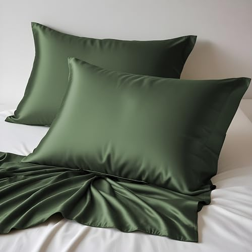LINENWALAS 100 % ekologisk bambuörngott 2-pack, mjuka premium bambu-silkesörngott för hår och hud, kylande örngott i standardstorlek med kuvertstängning (50 x 75 cm, avokado grön)