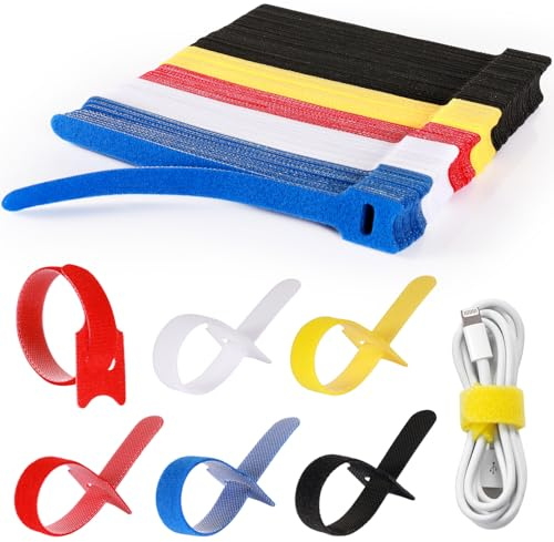 REJOECE 140 Reusable Cable Ties, 150 x 12mm Adjustable Hook and Loop Cable Straps, Multi-Purpose Long Cable Ties for PC, TV, Computer, Cable Management in Home Gardens and Offices (5 Colours)