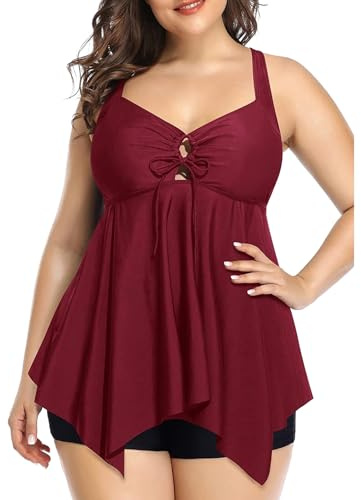 KAKU NANU Tankini Donna Costume Donna Due Pezzi Costumi da Bagno Push Up Tankini con Pantaloncino Rosso L