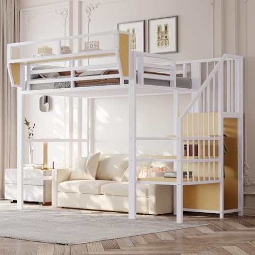 Merax Hochbett 90x200 cm aus Metall, mit Sicherheitsleiter & flexiblem Staufach, platzsparendes Etagenbett mit 140 cm Freiraum, für Kinder & Erwachsene, Weiß (ohne Matratze)