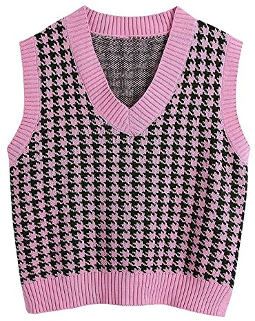 Womens Knit Vest Women's Sleeveless Vest Sweater Plain Argyle Print V Neck Pullover Knitted Tank 2025 Fall Winter Lattice Cotton Polyester Regular Solid Top Pink 3XL