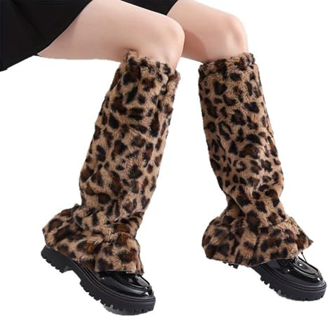 OIXEYA Furry Leg Warmers für Mädchen, Leopardenmuster Beinstulpen, Mädchen Beinwärmer Winter Stulpen Damen für Winterwärmer Karneval Halloween Fasching Mottoparty Verkleidung