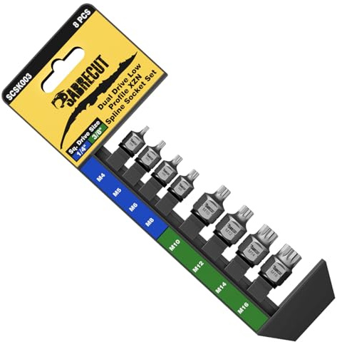 1 x SabreCut SCSK003 8pc Dual Drive Low Profile XZN Triple Square Spline Socket Set M4–M16 – Ultra Low Profile, 1/4 & 3/8 Square Drive + External Hex, S2 Impact Steel, Zinc Phosphate, Storage Rail