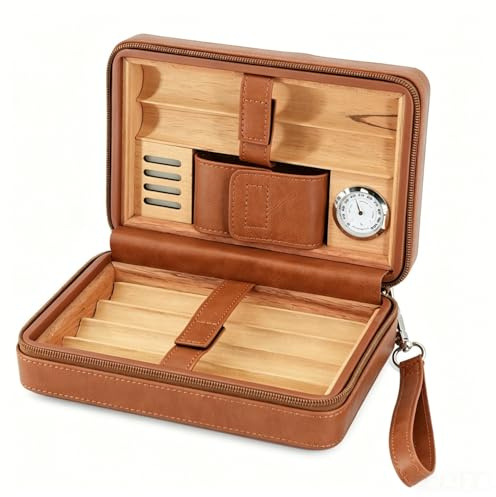 Racocou Cedarträ Cigar Humidor med Avtagbar Bricka Hygrometer Avtagbar Luftfuktare Droppslang och Kortficka – Lyxpresent till Pappa Make,Brown