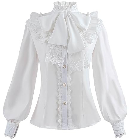 Nuoqi Women Lolita Lace Stand-Up Collar White Lotus Ruffle Shirt Retro Victorian Blouse GC238A-M