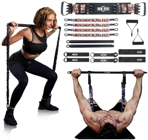 INNSTAR Portable Home Gym Set with Workout Bar, Bench Press Set, Squat Resistance Band, Door Anchor and More-Full Body Workout Equipment to Build Muscle and Shape Body (Brown|200LB)