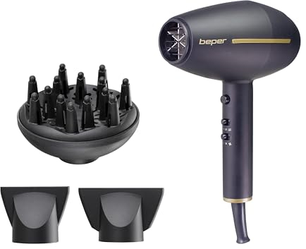 Beper Asciugacapelli Professionale con Motore Ac, 2 Velocità e 3 Temperature, Modalità di Aria Calda e Fredda, Potenza 2400W - Nero/Oro