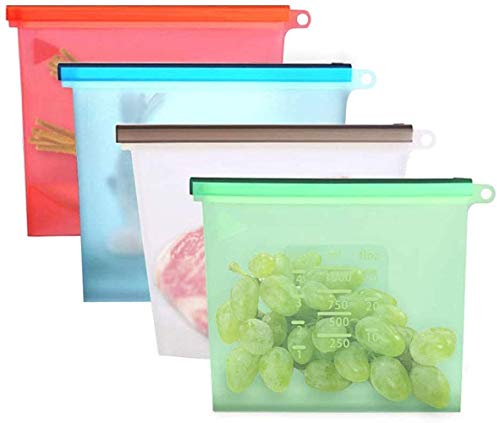ProLeo - Sacchetti in silicone per alimenti, riutilizzabili, 500 ml, riutilizzabili, in silicone, con rastrelliera per frutta, verdura, latte, snack, carne (4 confezioni)