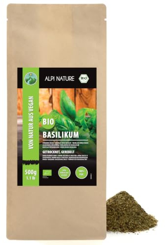 Torkad ekologisk basilika, gnuggad basilika, försiktigt torkad, från kontrollerad ekologisk odling, glutenfri, laktosfri, laboratorietestad, vegan, 100% naturlig utan tillsatser (500 GR)