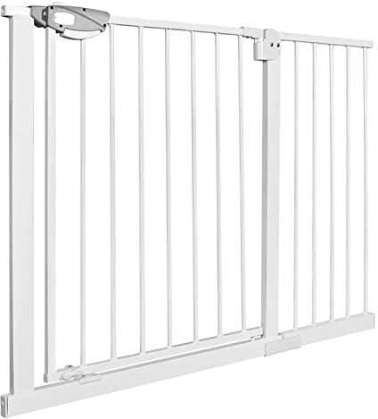 XMTECH Türschutzgitter Ohne Bohren Treppengitter für Kinder 105-115cm breit,Auto-Close Baby Türgitter Treppen Absperrgitter mit Druckbefestigung,Safety Gate, 180° Zweiwegeöffnung Weiß