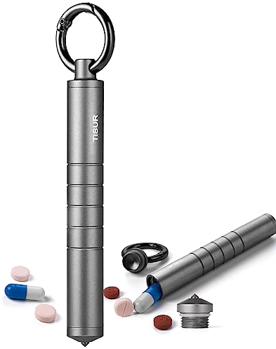 Small Travel Pill Box,TISUR Titanium Keychain Pill Holder Pill Case,Vitamin Organizer Metal Storage Tube Conetainer Multitool EDC Every Day Carry for Men