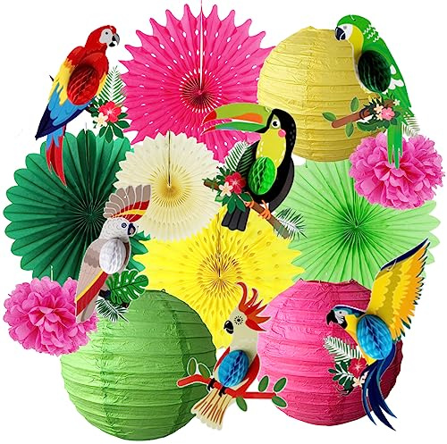 Toucan festdekorationer grön gul fuchsia sommarfest Luau Tiki Hawaiian festdekorationer pappersfläktar lyktor kit för tropisk födelsedag möhippa dekor