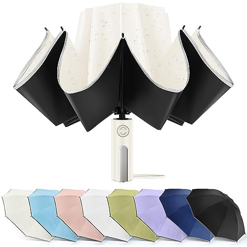 Bodyguard Large Windproof Inverted Umbrellas for Rain & Sun - Travel Folding Compact UPF 50+ Automatic Umbrella with Reflective Stripe, UV Protection For Walking, Beige-46IN