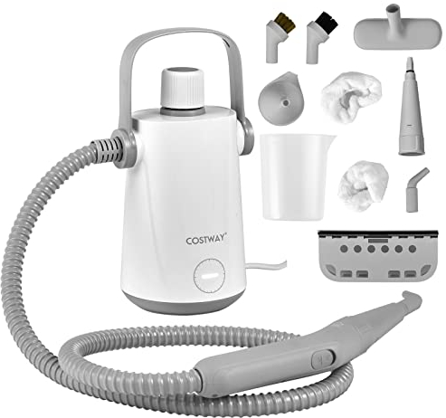 COSTWAY Nettoyeur à Vapeur à Main Portable 1000W avec Réservoir d'Eau de 300 ml, Machine de Nettoyage 10 Accessoires avec tuyau 116CM et cordon 3M, pour Vêtements Vitres Pneus (Gris + Blanc)