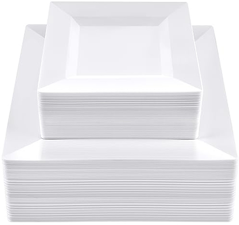 SETUP 100-Piece White Square Plastic Dinnerware Set – 50 9.5 Dinner & 50 6.5 Salad Plates – Heavy-Duty Disposable for Weddings, Catering, Parties