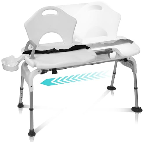 Vive Sliding Shower Chair - Handicap Transfer Bench for Elderly & Disabled - Adjustable Slide Seat for Bathtub 300 lbs Weight Capacity w/Soap Tray - Non-Slip Medical Seating for Tub w/Safety Belt