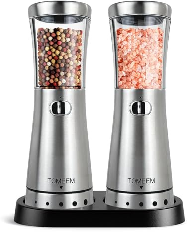 Electric Salt and Pepper Grinder Set with Storage Base, Stainless Steel Rechargeable Salt and Pepper Grinder Set with 4.5 oz Large Capacity, 1.8 Wide Mouth, Adjustable Coarseness, Ideal for Kitchen