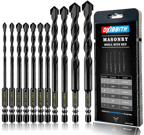 11-pc Masonry Drill Bits Carbide Concrete Drill Bit Set for Stone Tile Brick Ceramic Glass Metal Sheet Plastic and Wood, Quick Change 1/4 Hex Shank, Size 5/32” 3/16 1/4 5/16 3/8 1/2 with Case