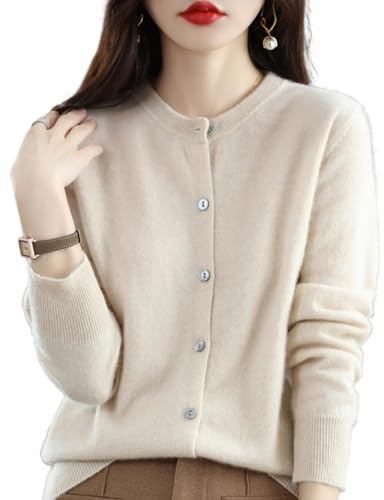 Cardigan in cashmere da donna, cardigan a maniche lunghe con bottoni frontali in cashmere 2024, maglioni elastici in maglia morbida e calda, Beige, XL