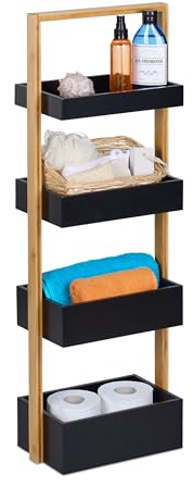 Relaxdays Badregal, 4 Ablagen, HxBxT: 88 x 30 x 18 cm, Standregal für Badezimmer & Küche, Bambus, MDF, Natur/schwarz