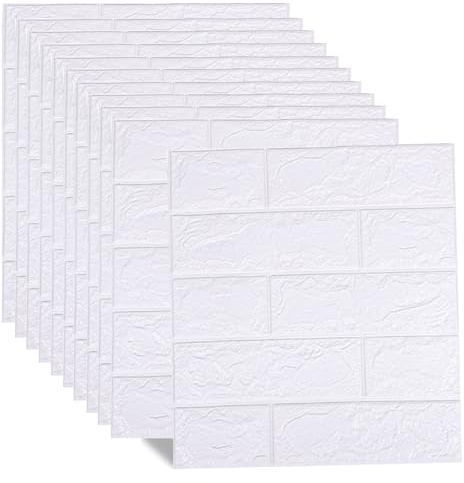 Hyesrtey 10 Piezas Papel Pintado Pared 3D, Paneles Decorativos Para Pared, Impermeable Pegatina de Pared Espuma,Panel de Pared de Ladrillo Falso Autoadhesivo para Cocina, Dormitorio, Salón (Blanco)