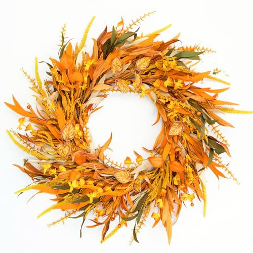Perfnique 60 cm höstkrans för ytterdörren, stor skörd vetekrans för veranda, inomhus utomhus fönster väggdekoration, säsongsbetonad bondgård höst Thanksgiving halloween dekor (orange vete)