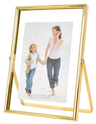 DEARBAG 7 Zoll Bilderrahmen, 13 x 18cm Fotorahmen Schwimmender Rahmen in Metall mit Acrylglas, Kinderkunstfotorahmen, Tischdekoration für Schlafzimmer Schreibtisch Wohnzimmer Galerie (Gold)