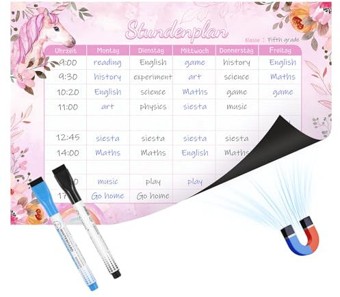 MoKo Stundenplan Abwischbar Magnetisch, Kinder Wochenplaner Magnetisch für den Kühlschrank, Stundenplan mit 2 Farbigen Markern, Grundschule Junge Mädchen, Einhorn Rosa