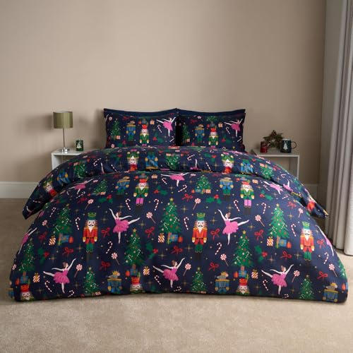 OHS Christmas Bedding, Xmas Festive Nutcracker Quilt Double Duvet Set Super Soft Cosy Warm Xmas Bedding Comfy Reversible Christmas Duvet Set Double with Pillowcases, Navy