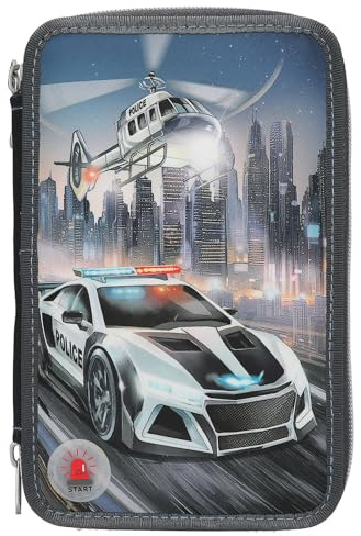 Depesche 13333 Monster Cars - Gefüllte 3-Fach Federtasche in Grau, mit LED-Effekt und Polizei Motiv, Federmappe mit Buntstiften, Schere, Lineal uvm.