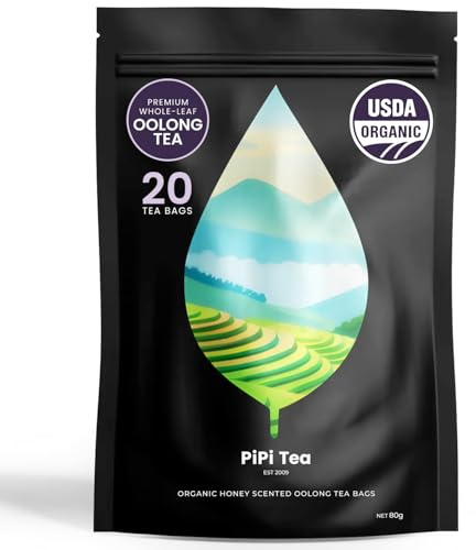 PiPi Tea Organic Oolong Tea Bags – Whole Leaf, 20 Bags (4g Each) – Cortisol & Calming Tea for Anxiety, Stress, Weight Loss – Bulk Loose Leaf Oolong Tea
