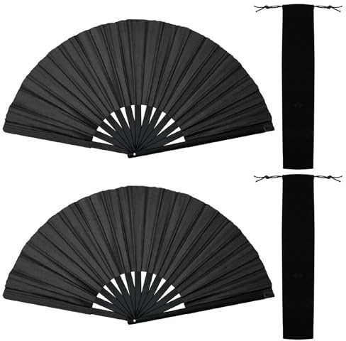 HINGTAI Ventagli a mano pieghevoli con stecche di bambù, 2 pezzi, per danza di linea, stile cinese, stile retrò, grandi, per donne, feste di ballo, performance, nero