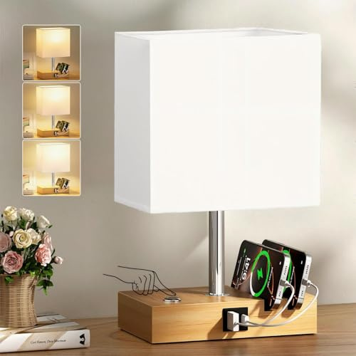 PreeOtti White Table Lamp, Wooden Table Lamp for Living Room/Bedroom | USB A+C Charging Ports, Touch Lamps Bedside with 2 Phone Slots, Wood Charger Organizer for Dorm, Study, Office(Bulb Included)