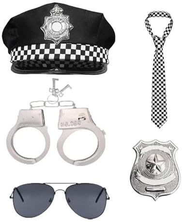 GWAWG Lot de 5 accessoires de costume de police pour adulte comprenant chapeau de policier, lunettes de soleil noires, cravate à carreaux, menottes en métal avec clés et badge pour déguisement