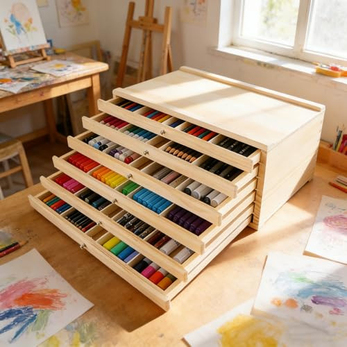 TOOSOAR Scatola di Immagazzinaggio per Artisti,6 Cassetti,con Divisori Rimovibili,per Pennelli,Pastelli,Pennarelli e Altri Strumenti Artistici,40×25.5×15.2cm