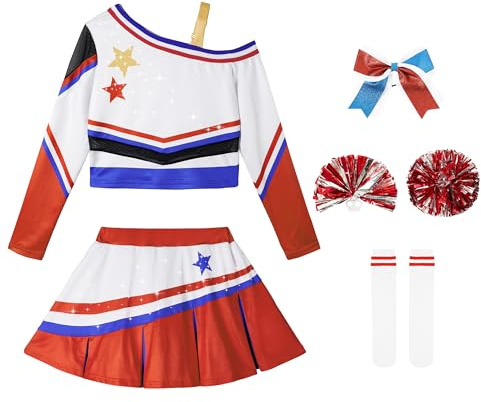 LOLANTA Girls Cold-Shoulder Cheerleader Costume Sparkle Mesh Patchwork Cheer Uniform Halloween Party Cosplay Cheerleading Outfit(Red,7-8Years)