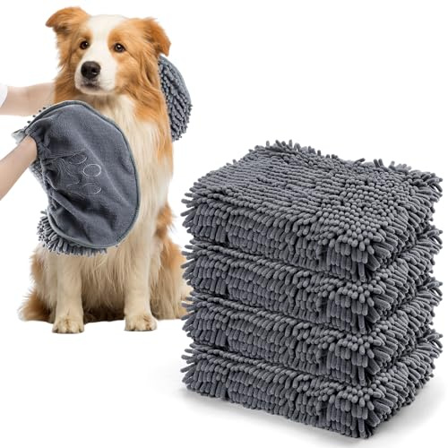 JTKDG 4 Pcs Microfibre Dog Towels, 80 x 35cm Quick Drying Shammy Towel | Super Absorbent, Quick Drying, Rainy Walks & Travel, Lightweight, with Handy Glove Compartments, for Small–Large Pets
