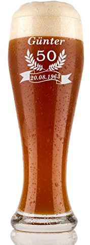 Weizenbierglas 0,5l mit Gravur personalisiert - individuelle Geschenke Weizenglas Geschenk-Idee Bierglas zum Geburtstag - Motiv Jubiläum Ährenkranz Banner Geburtstagsgeschenk