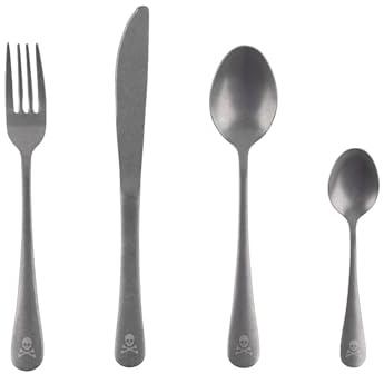 SCALPERS HOME | Juego de Cubiertos de Acero Inoxidable | Set de 16 Piezas | Color Acero Antigüo | Diseño Estilo Vintage con Logo de la Calavera de Scalpers | Cubertería de Acero Inoxidable