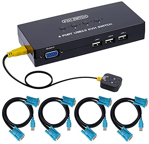 VGA KVM Switch mit 4 KVM Kabeln, 4 Port Umschalter für 4PC Sharing 1 Video Monitor, Tastatur, Maus, Drucker, Scanner